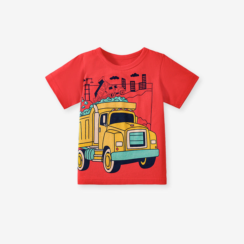 Kids’ Trucks Cartoon Pattern Short Sleeves T-shirt in European and American Style for Summer-1