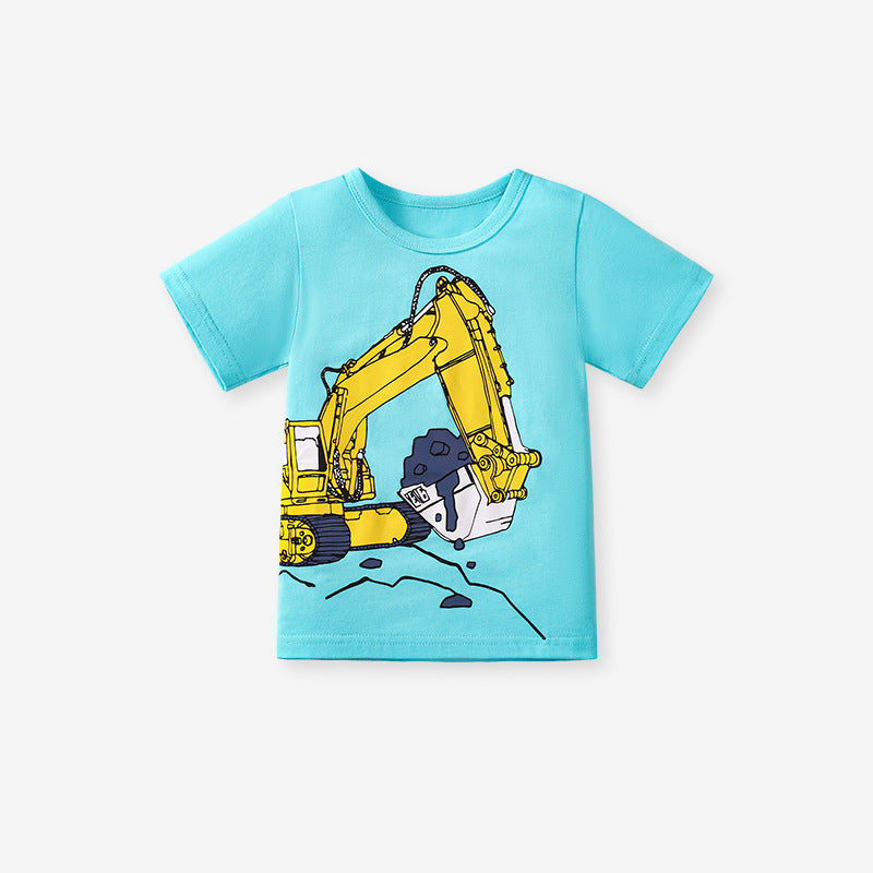 Kids’ Trucks Cartoon Pattern Short Sleeves T-shirt in European and American Style for Summer-2