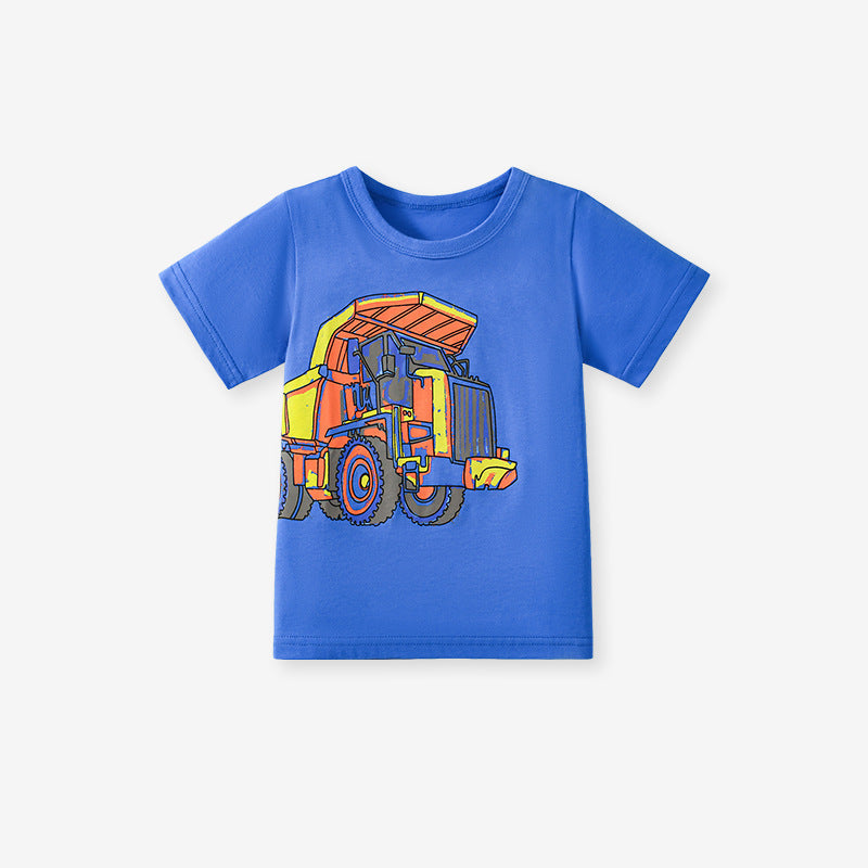 Kids’ Trucks Cartoon Pattern Short Sleeves T-shirt in European and American Style for Summer-3