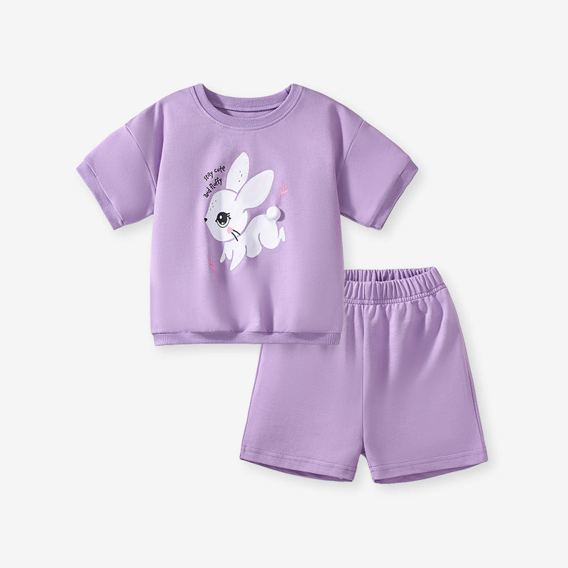 Set of Girls’ Animals Cartoon Pattern Short Sleeves T-shirt and Shorts in European and American Style for Summer-4