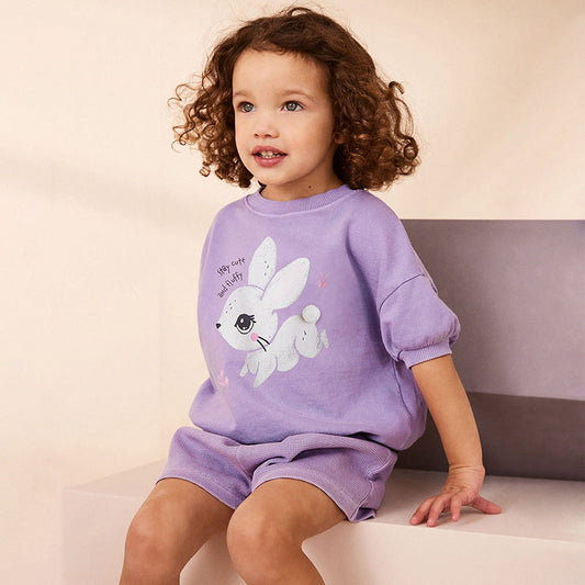 Set of Girls’ Animals Cartoon Pattern Short Sleeves T-shirt and Shorts in European and American Style for Summer-0