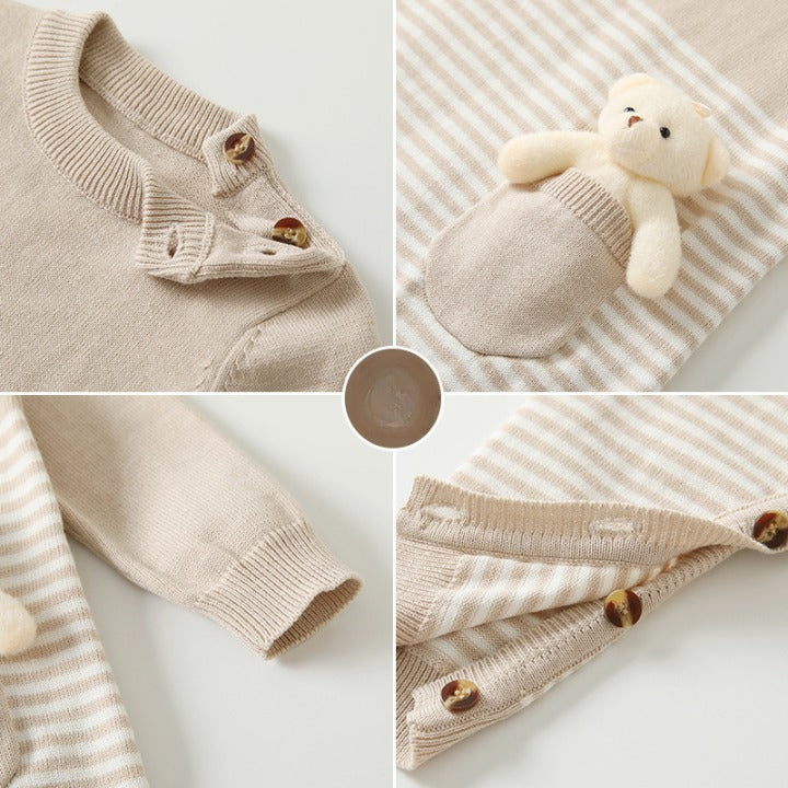 Baby Striped Knit Pattern Bear Patched Design Kintted Quality Romper-3