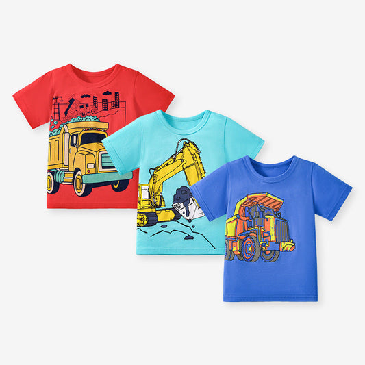 Kids’ Trucks Cartoon Pattern Short Sleeves T-shirt in European and American Style for Summer-0
