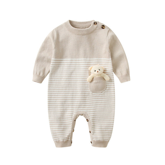 Baby Striped Knit Pattern Bear Patched Design Kintted Quality Romper-0