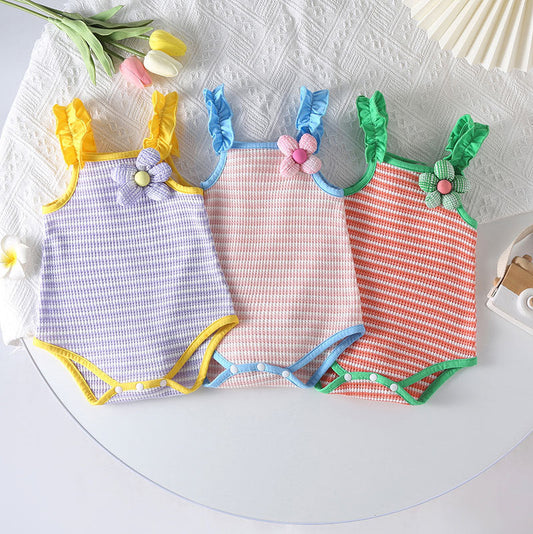Baby Girl Striped Pattern Floral Patched Design Sling Onesies-0